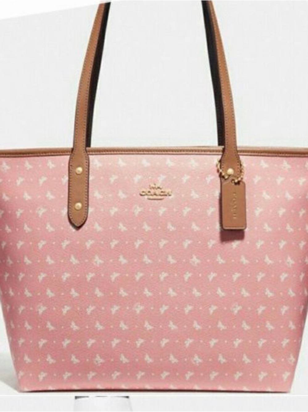 🍑 Coach Peach Butterfly Print Tote with Tan Handles